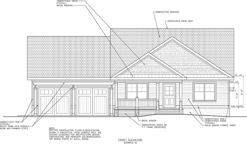 Front elevation of Model Home A - Bridge Pointe waterfront lots for sale in Coastal Georgia