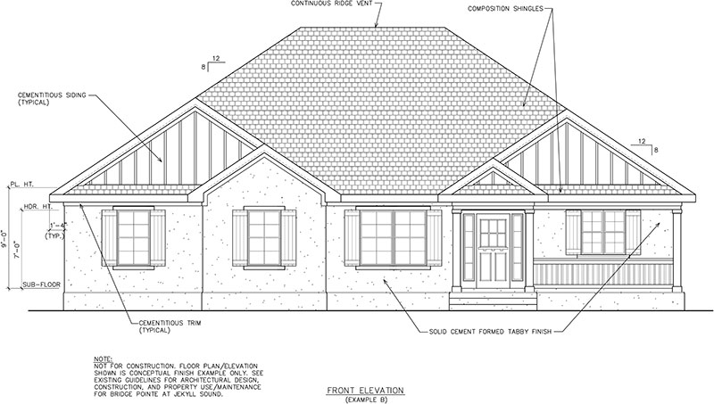 Model home B elevation - Bridge Point at Jekyll Sound